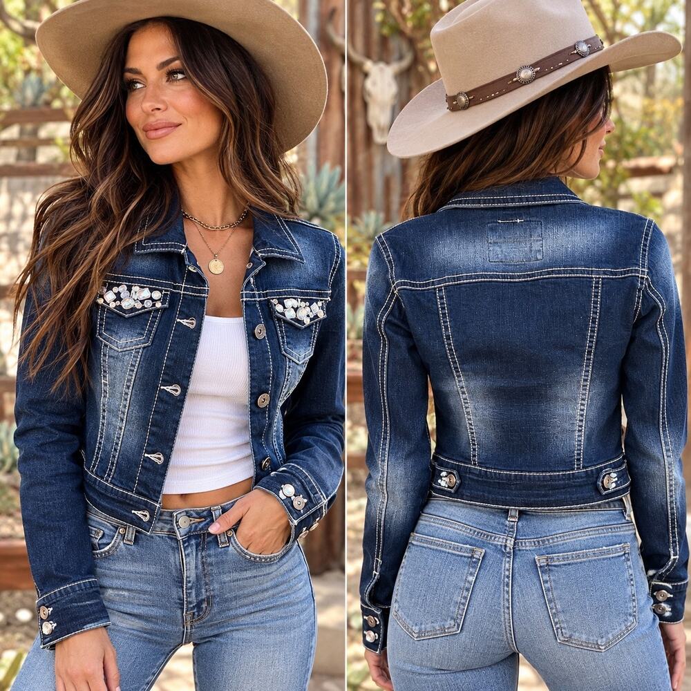 Vtg 2000s Bongo Sz. M Y2K Rhinestone Denim Trucker Jacket Bling Western Fitted